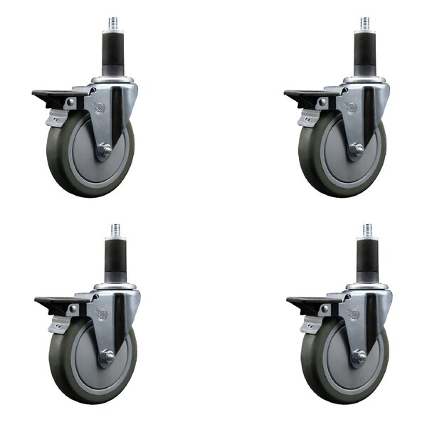 5'' Gray Poly Swivel 1-1/4'' Expanding Stem Caster Set with Brake, 4PK